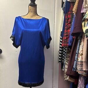 Elegant Blue Satin Dress with Black sequined Trim & open shoulder